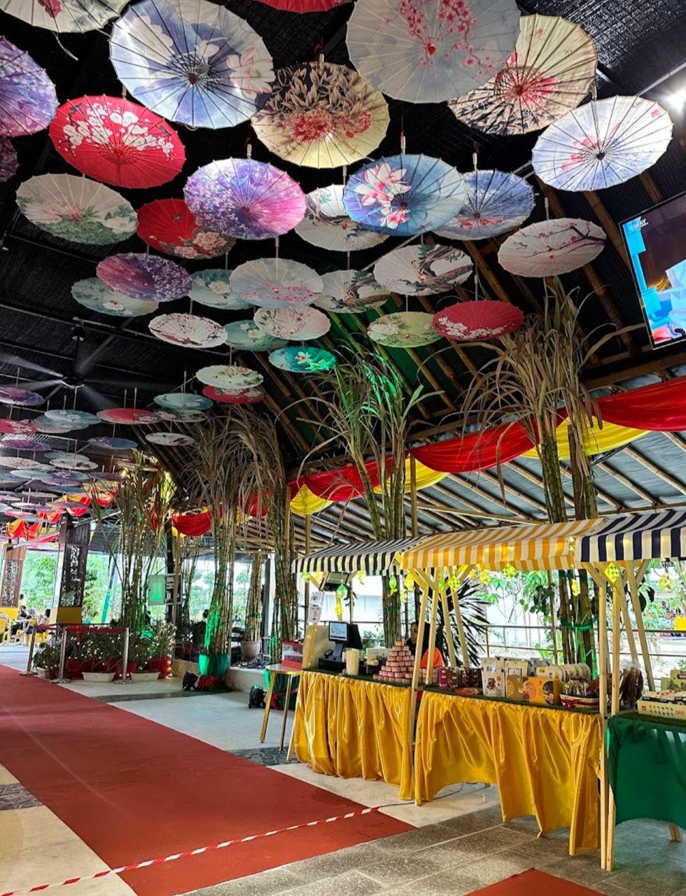 Festive bazaar stalls under umbrellas
